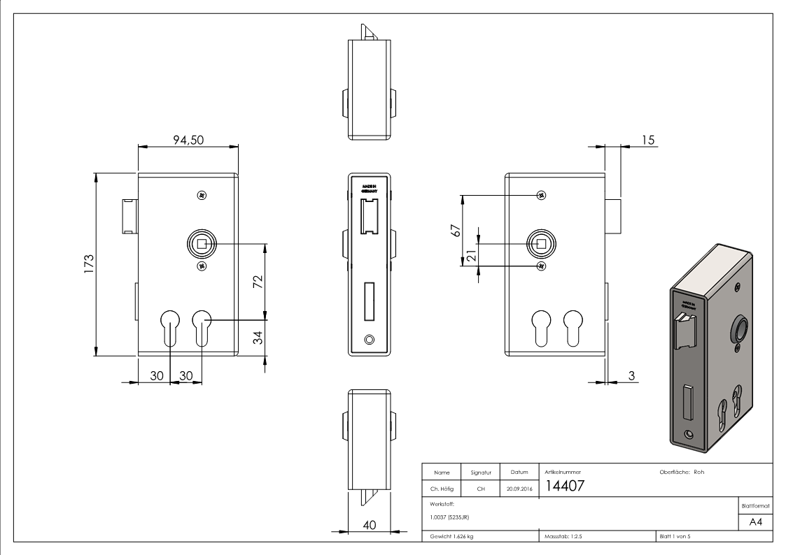 Schlosskasten | für 2 Profilzylinder | Maße: 40x94,5x173 mm | Stahl S235JR, roh
