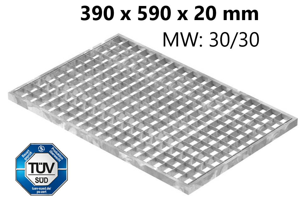 Lichtschachtrost Baunormrost | Maße:  390x590x20 mm 30/30 mm | aus S235JR (St37-2), im Vollbad feuerverzinkt