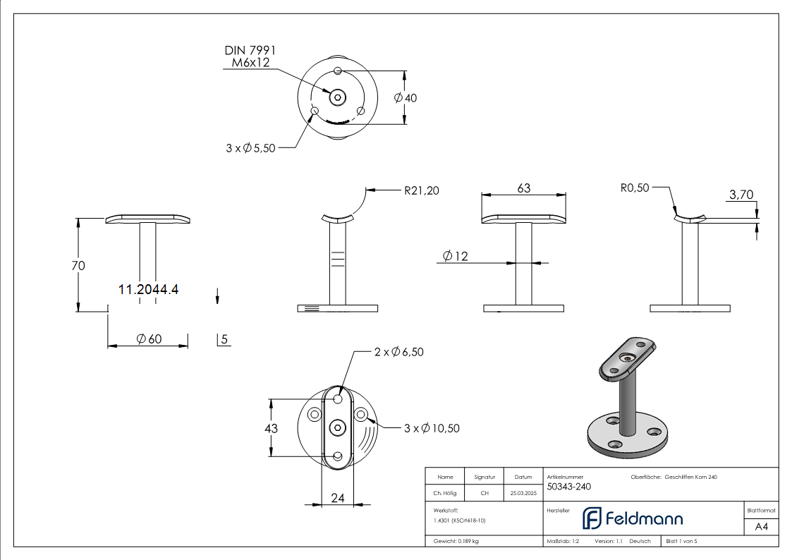 Handlaufstuetze gerade fuer Ø 42-4 mm V2A - Hoehe 70 mm-11-2044.4
