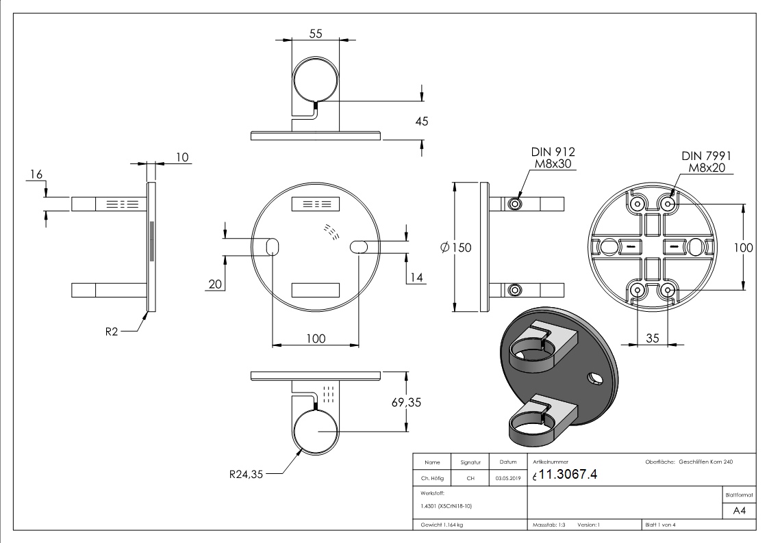 Wandbesfestigung Ø 150 mm fuer Gelaenderpfosten Ø 48-3 mm - V2A-11-3067.4