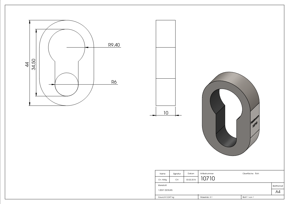 Sicherheitsrosette | Maße: 28x44x10 mm | Stahl S235JR, roh