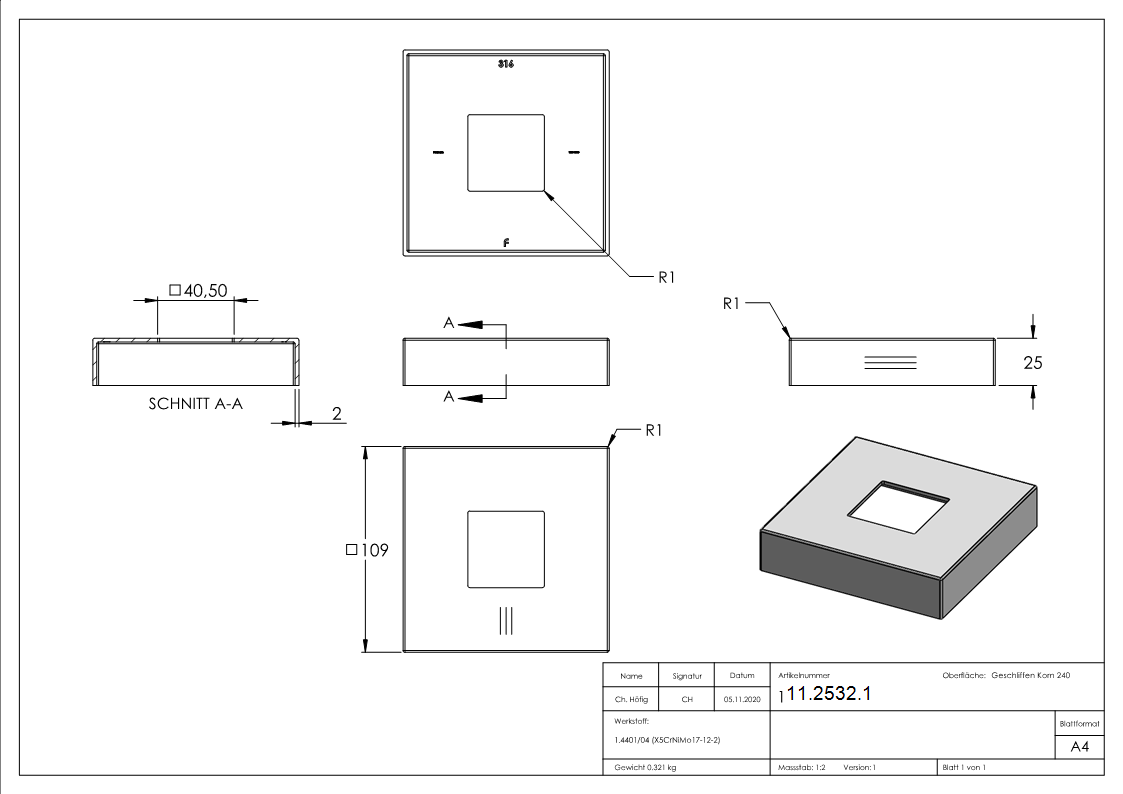 Abdeckrosette 109x109x25 mm für Vierkantrohr: 40x40 mm V4A