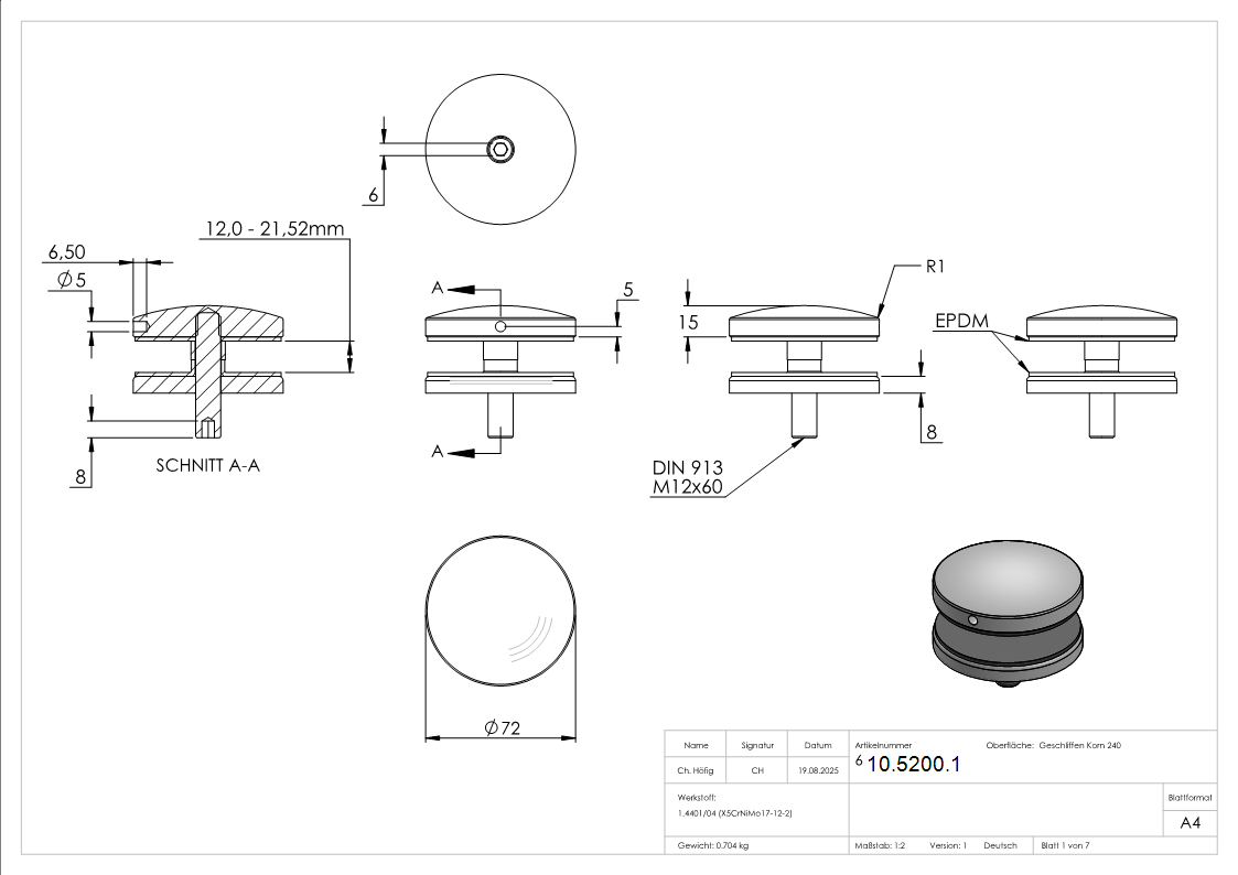 Glaspunkthalter Ø 72 mm- V4A- Anschluss- Flach mit AbP-10-5200.1