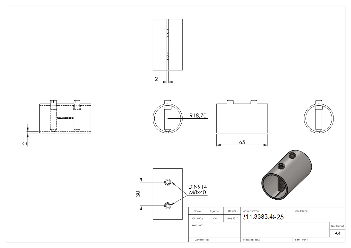 Rohrverbinder V2A fuer Rohr Ø 42-4 x 2-5 mm- L 65 mm mit Klemmschrauben-11-3383.4