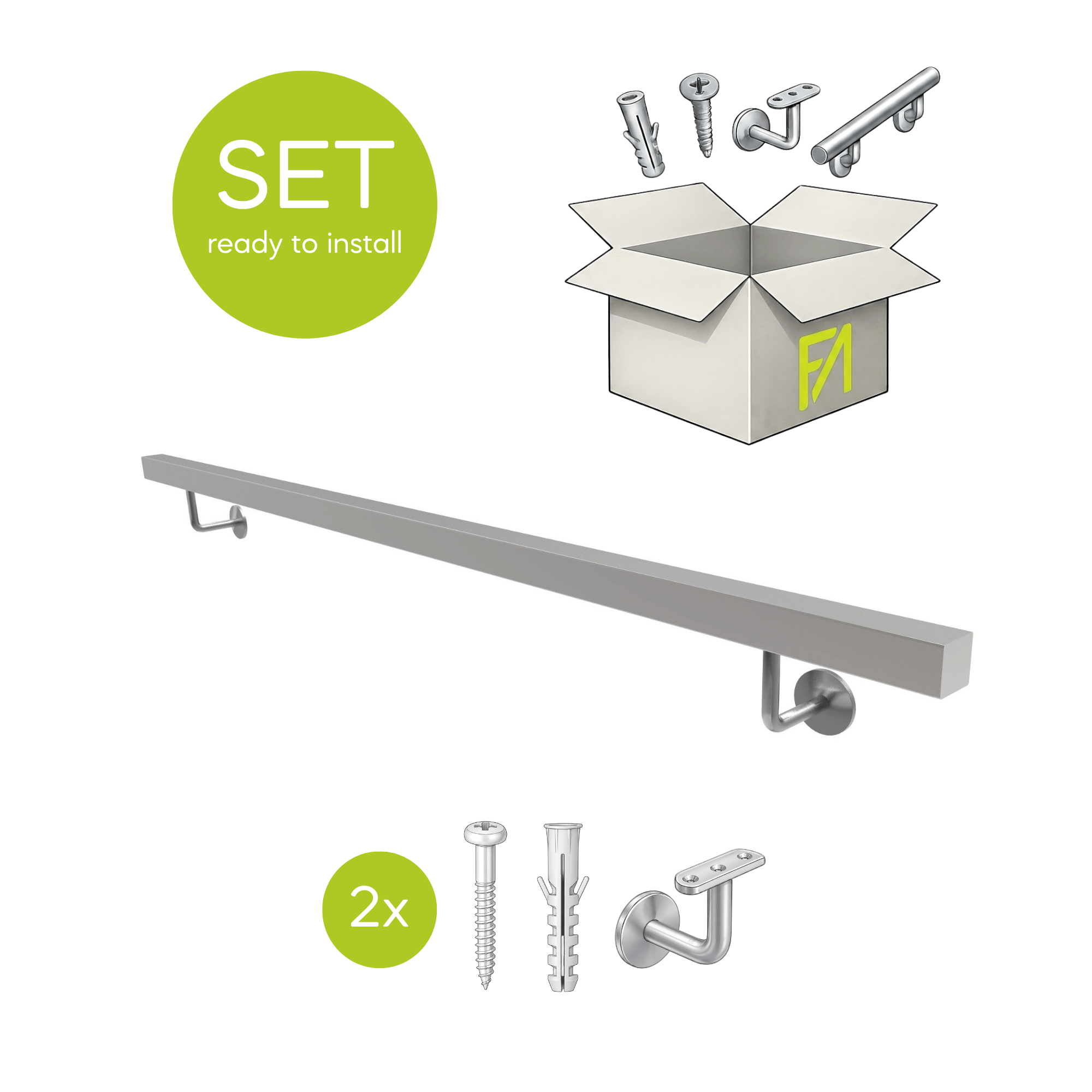 Edelstahlhandlauf AISI 304 40x40 mm L 2000 mm geschliffen-89-11AJPM2000-A.4-D