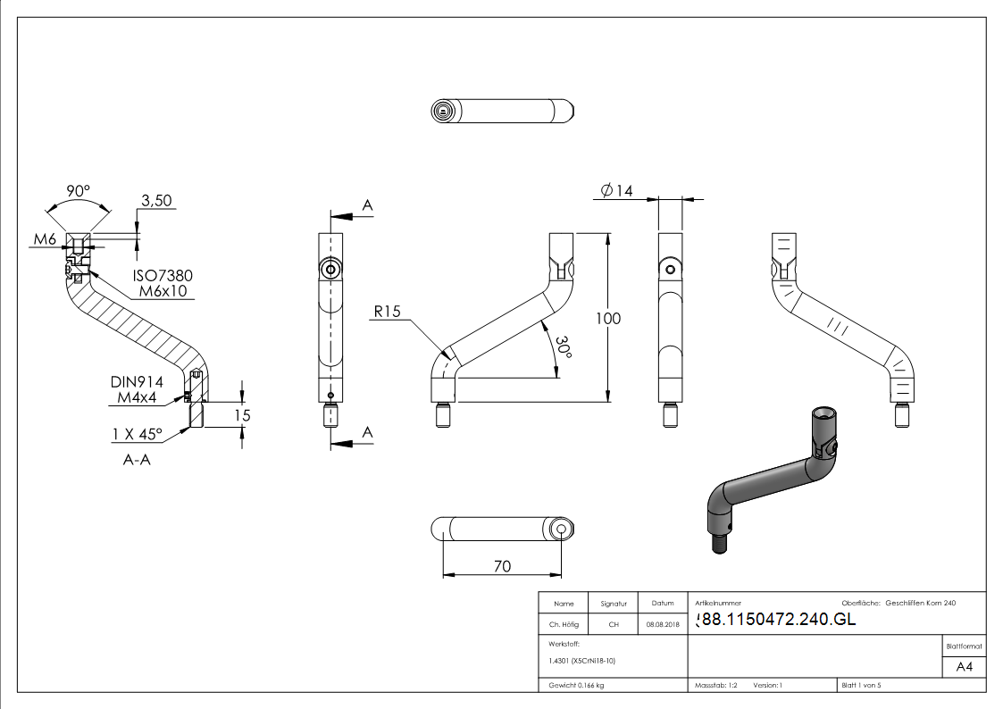 Buegel Edelstahl V2A Ø 14 mm- H 100 mm- Achsabstand 70 mm- mit Gelenk- M8-M6 Gewinde-88-1150472-240.GL
