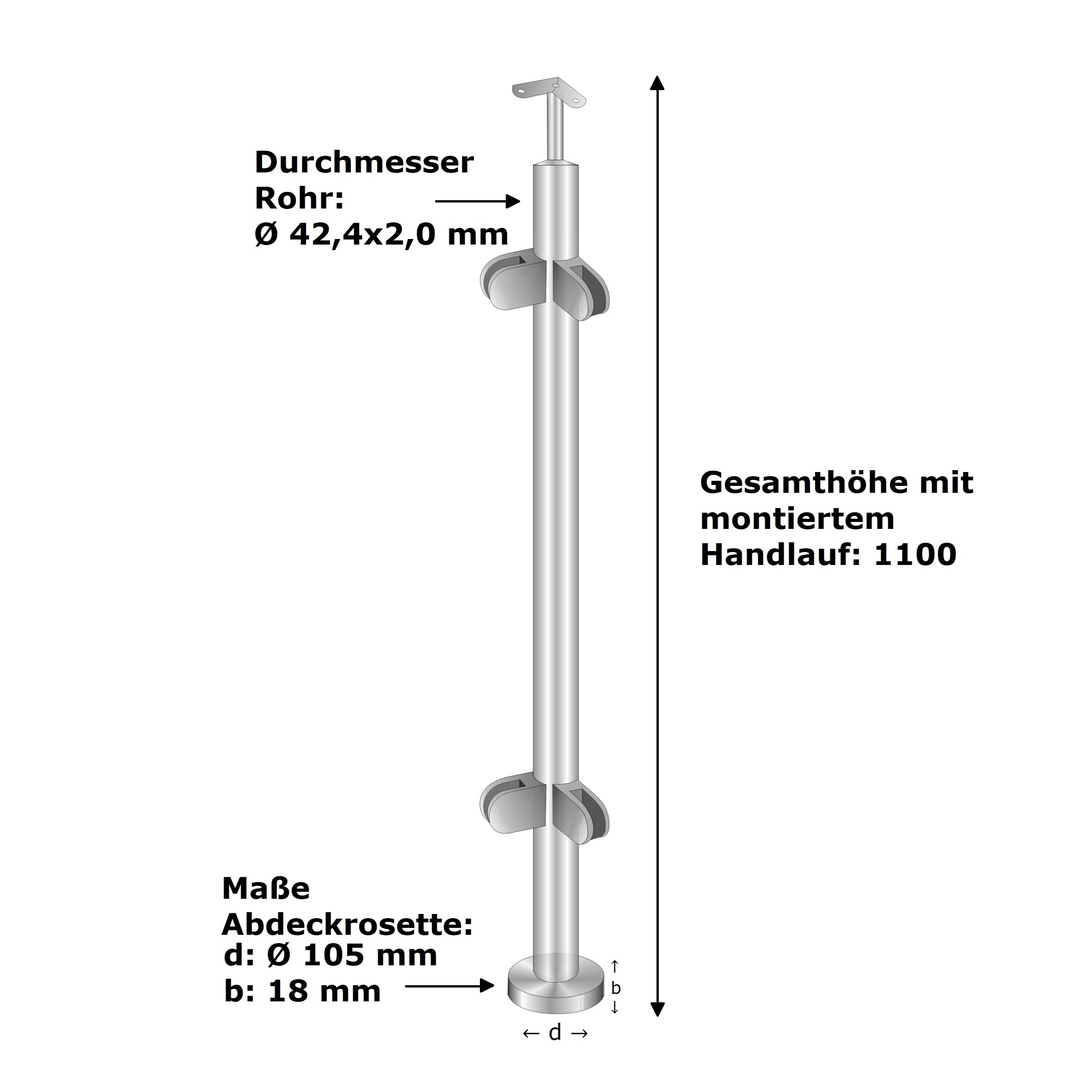 Mittelpfosten Edelstahl AISI 304 flach 1100 mm Oberverankerung fuer Glas 8-76 mm-14-0046RG-A.4