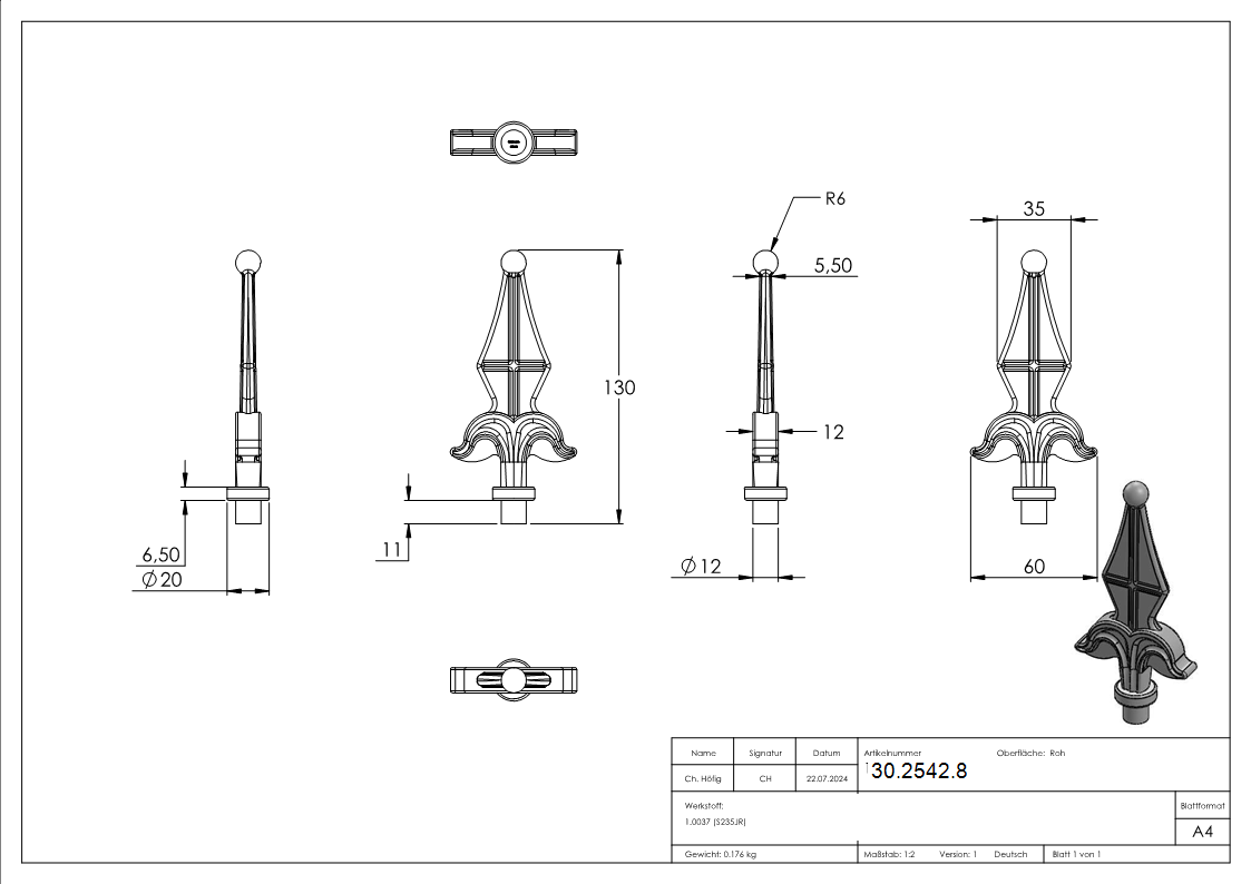 Zaunspitze | Höhe: 130 mm | Material: Ø 12 mm | Stahl S235JR, roh