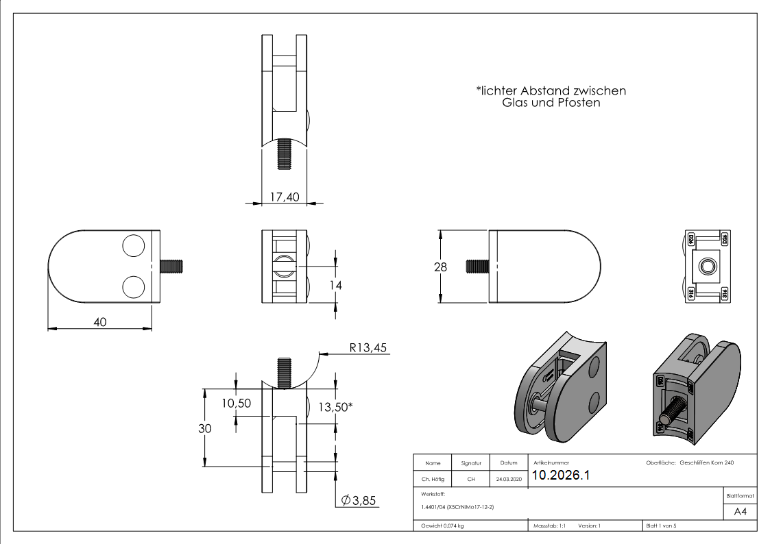 Glasklemme - Masse- 40x28x17-4 mm - Anschluss Ø 26-9 mm - V4A-10-2026.1