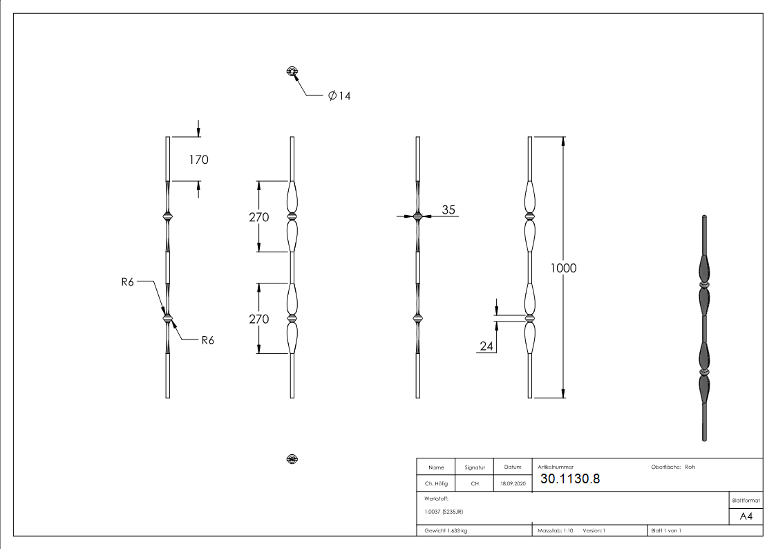 Zierstab | Länge: 900 mm | Material: Ø14 mm glatt | Stahl S235JR, roh
