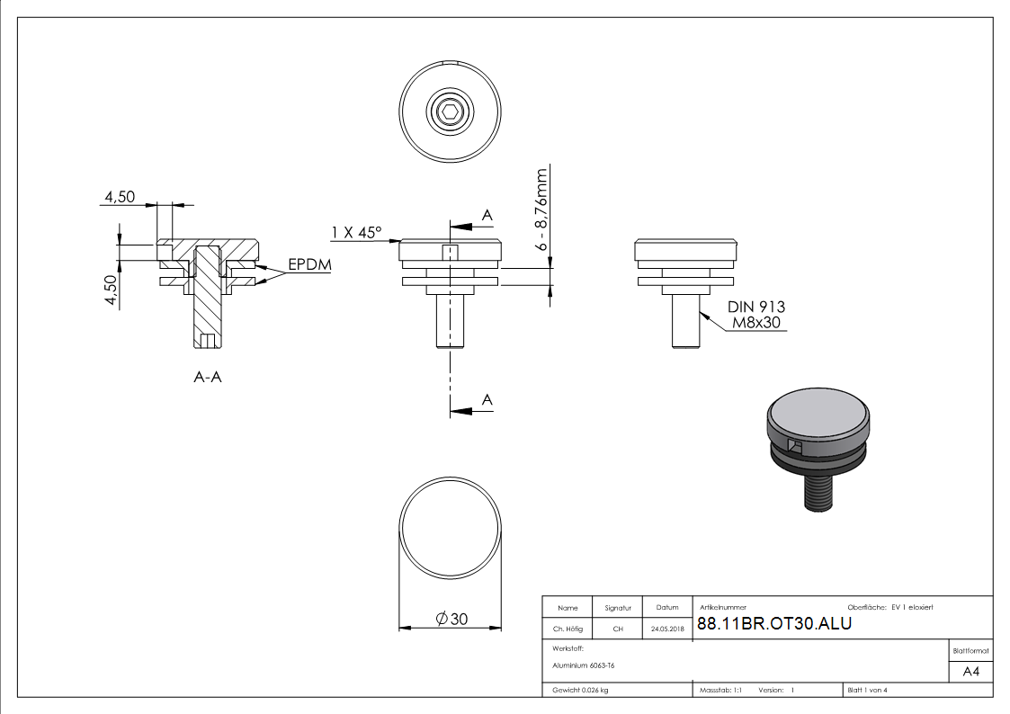 Oberteil Ø 30mm zu BRENK-fix®-Halter, ALU
