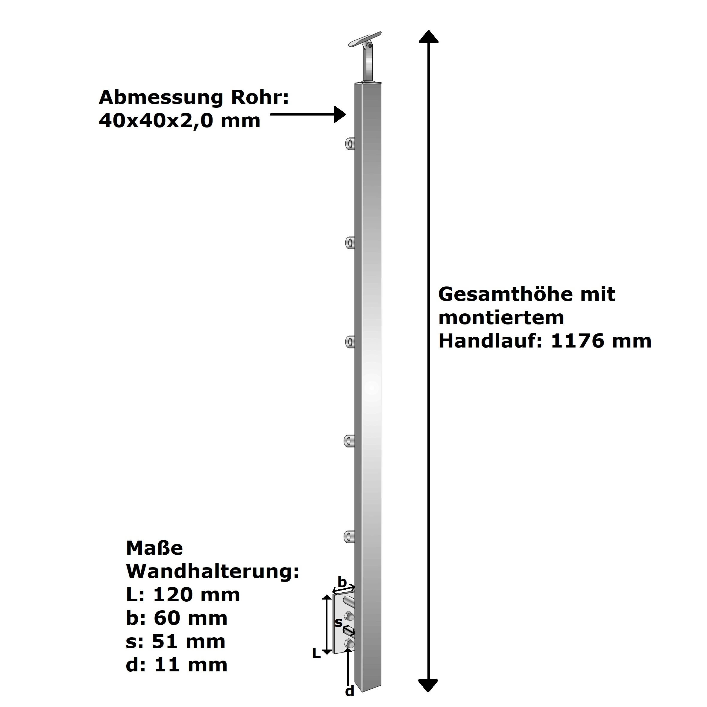 Geländerpfosten | Länge: 1000 mm | für seitliche Montage | V2A