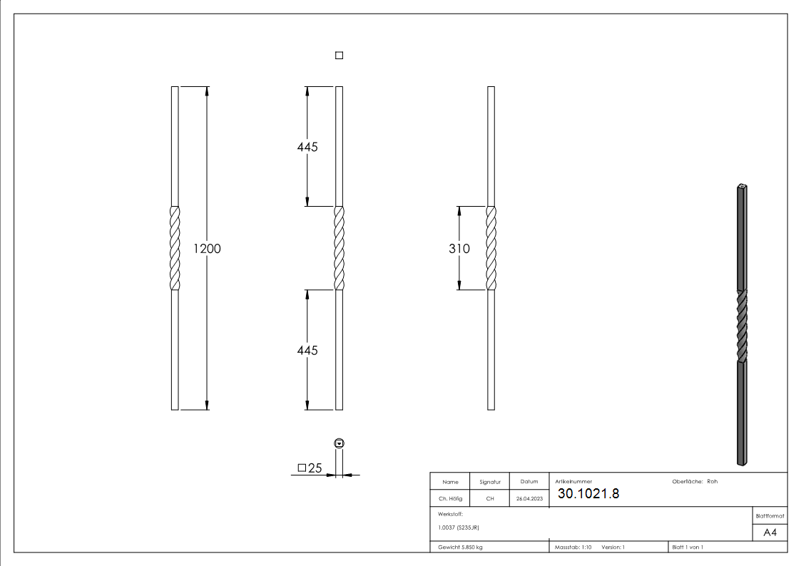 Anfangsstab Pfosten Länge: 1200 mm Material: 25x25 mm Stahl S235JR, roh