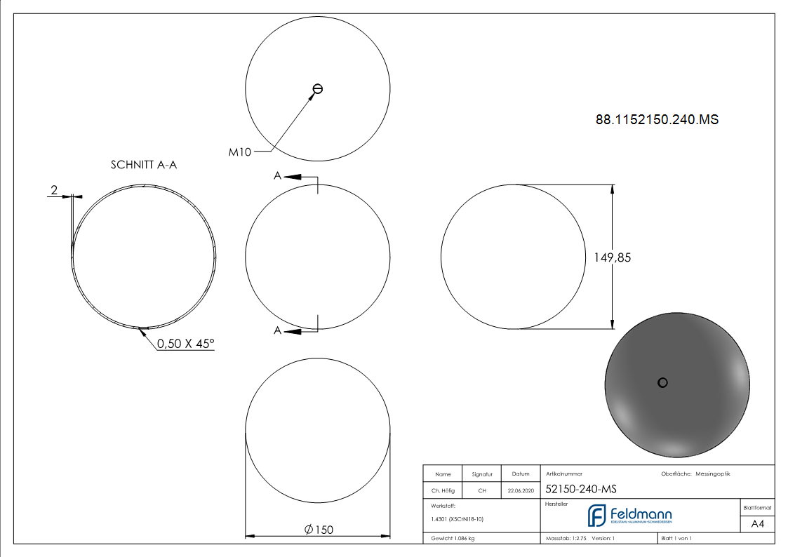 Messinghohlkugel Ø 150mm mit M10