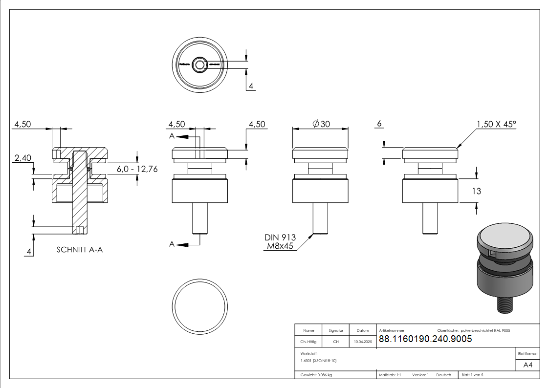Glaspunkthalter 30mm- Anschluss- flach- V2A- pulverbeschichtet in RAL 9005 schwarz matt-88-1160190-240.9005