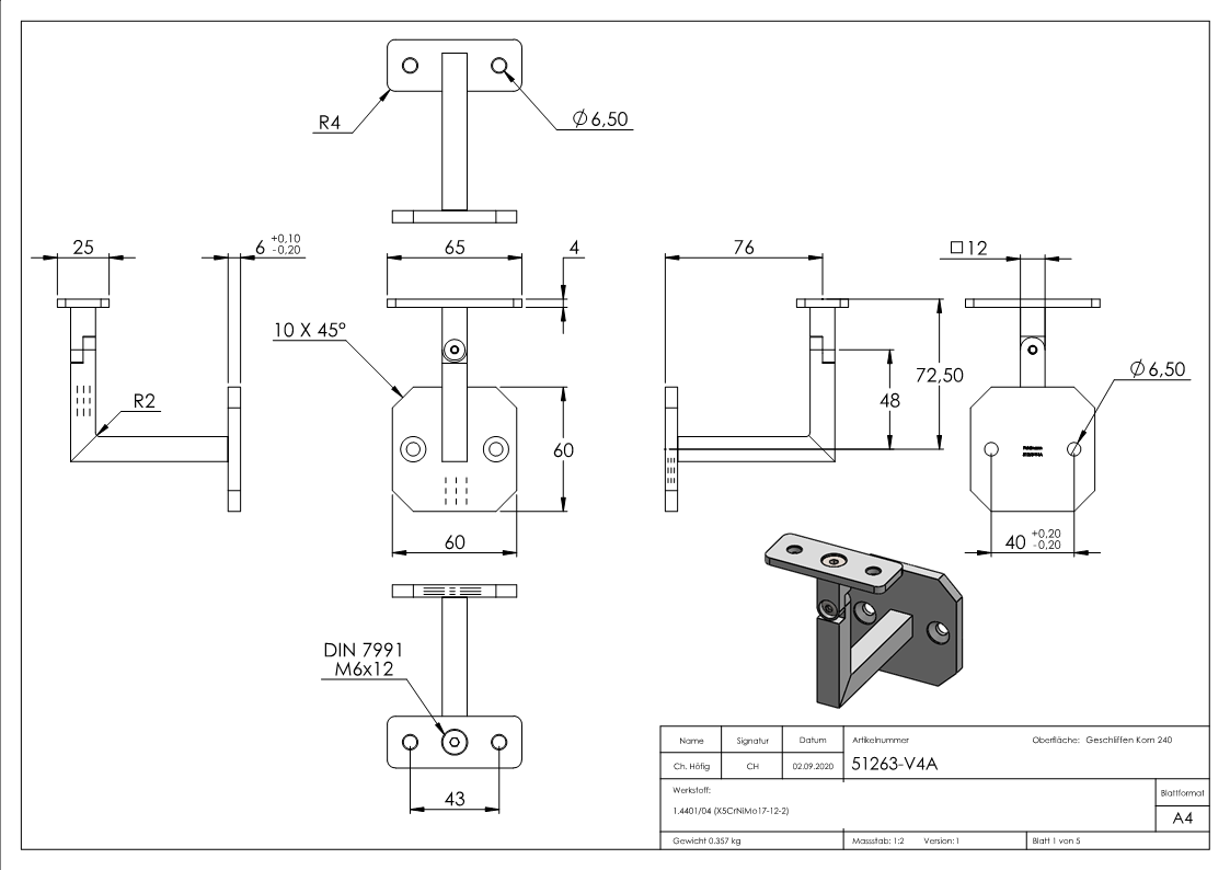 Handlaufhalter eckig mit gerader Halteplatte