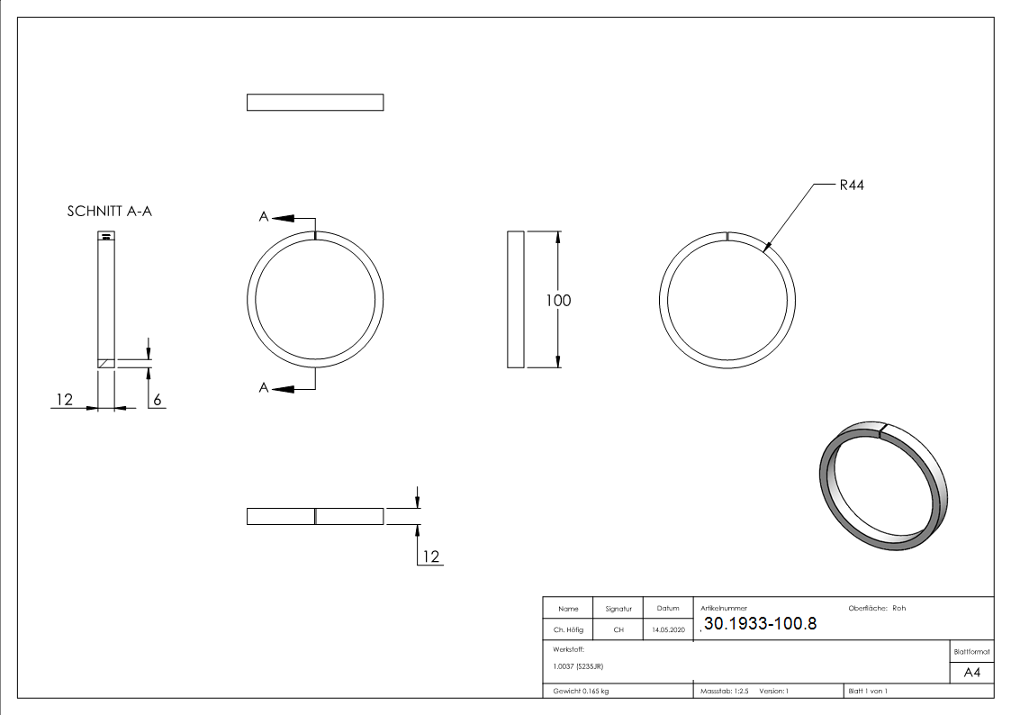 Ring | Material: 12x6 mm | Außen-Ø 100 mm | Stahl S235JR, roh
