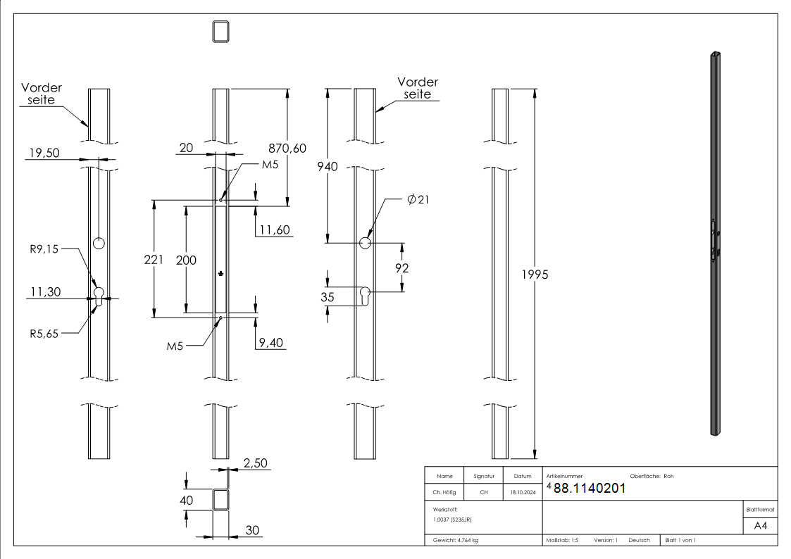 Schlossrohr 40x30 glatt 2000mm-88.1140201
