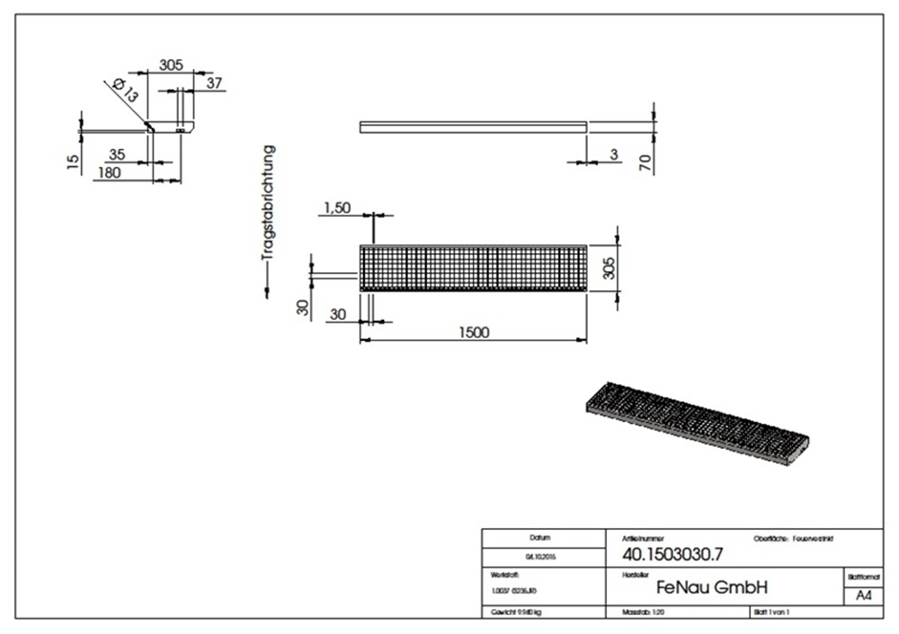 Gitterroststufe Treppenstufe Maße: 1500x305 mm 30/30 mm S235JR (St37-2), im Vollbad feuerverzinkt