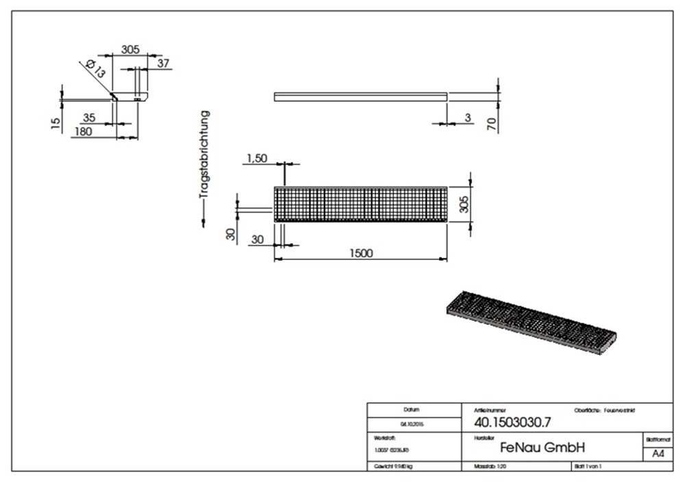 Gitterroststufe Treppenstufe | Maße: 1500x305 mm 30/30 mm | S235JR (St37-2), im Vollbad feuerverzinkt