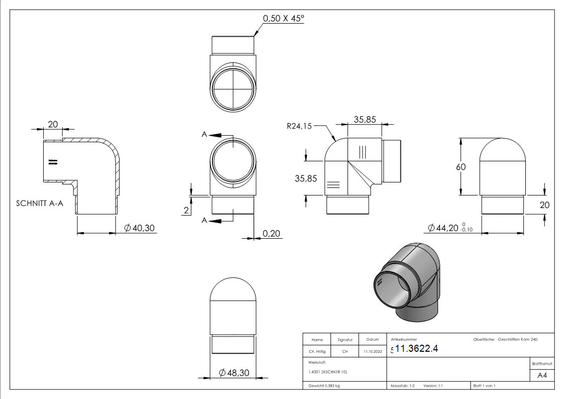 Eckbogen 90° eng, für Rundrohr Ø 48,3x2,0 mm V2A