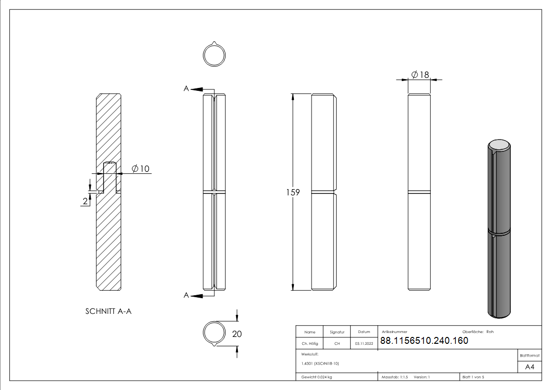 Anschweißband, Länge: 160mm, fester Zapfen, V2A