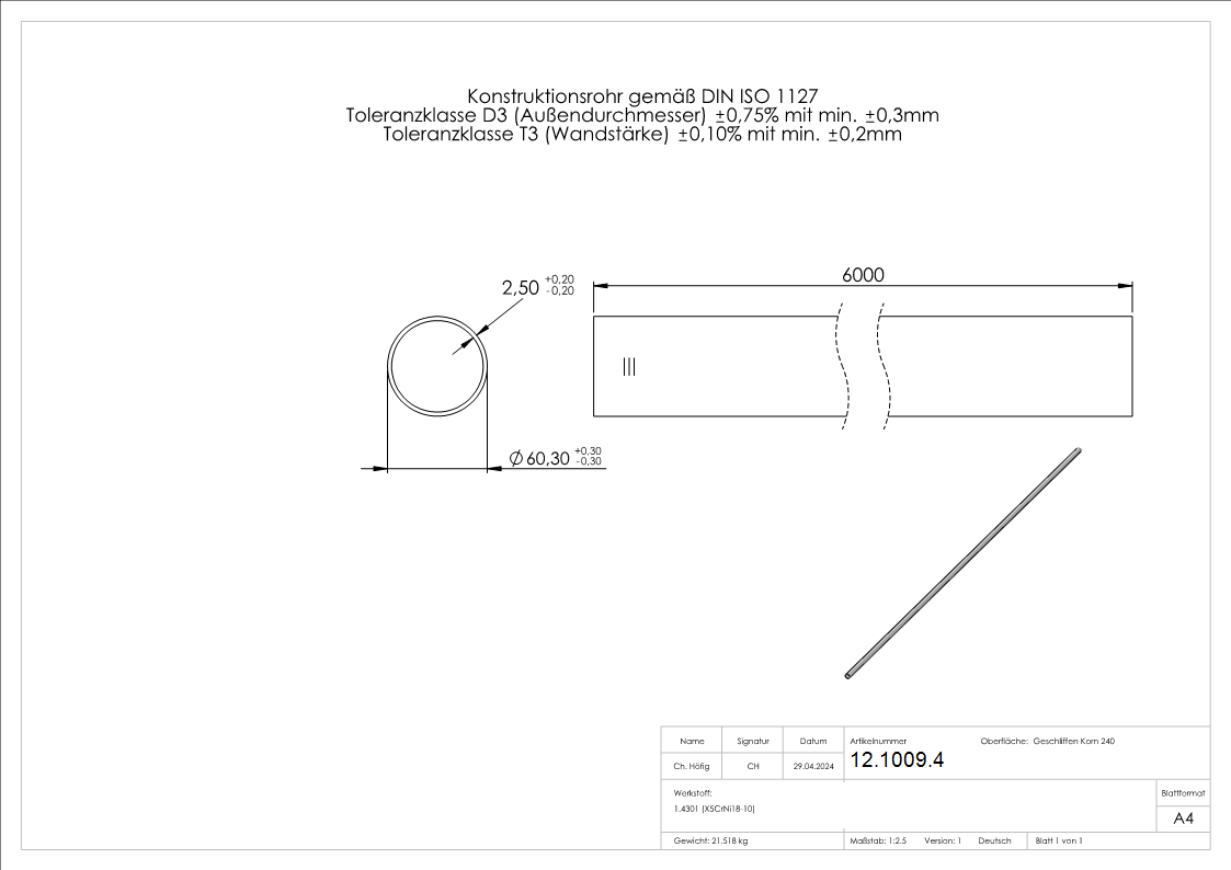 Rundrohr Ø 60,3x2,6 mm á 6 m V2A Edelstahl