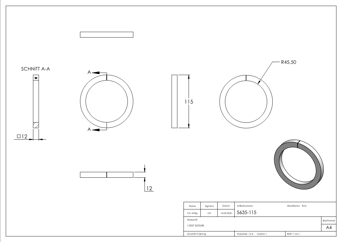Ring | Material: 12x12 mm | Außen-Ø 115 mm | Stahl S235JR, roh