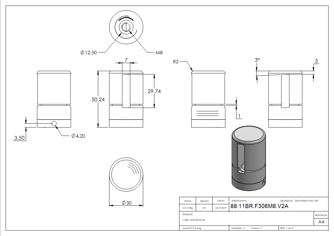 BRENK-fix® Grundhalter fuer Flachstaebe 30 x 6mm- V2A-88-11BR-F306M8.V2A