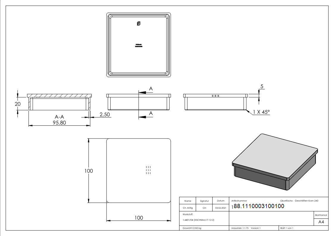 Einsteckkappe, für Rohr 100 x 100 x 2,0mm, V4A