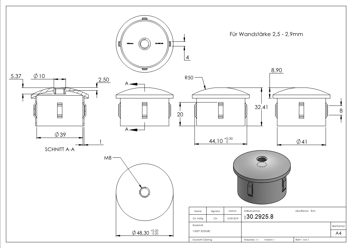 Stahlstopfen - leicht gewoelbt - mit M8 - fuer Rundrohr Ø 48-3x2-5-2-9 mm - Stahl S235JR- roh-30-2925.8