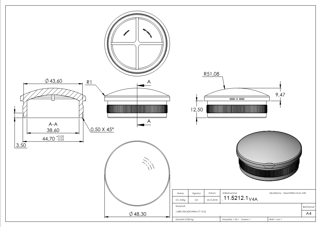 Rohrstopfen fuer Ø 48-3x2-0 mm leicht gewoelbt zum Einschlagen V4A-11-5212.1