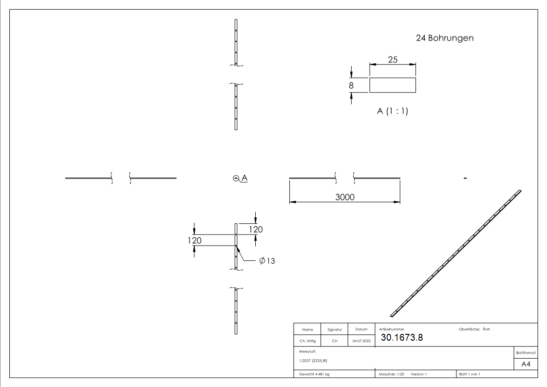 Flacheisen gelocht - Laenge- 3000 mm - 24 Lochungen - Stahl -Roh- S235JR-30-1673.8