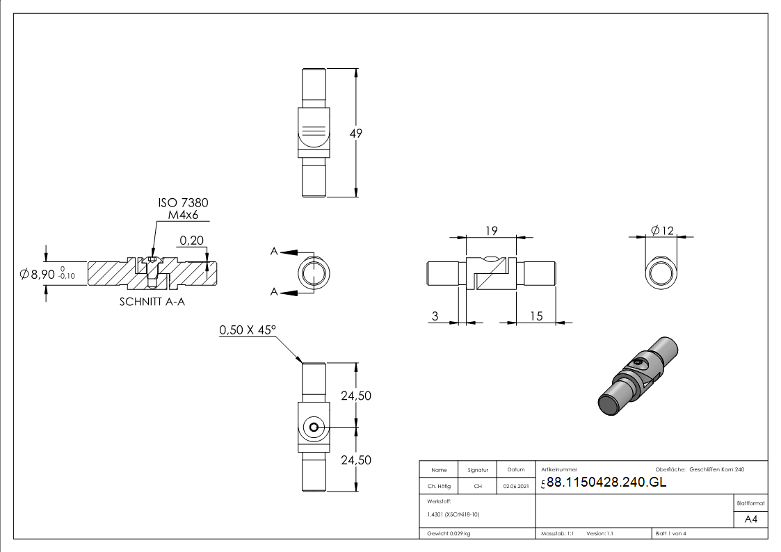 Gelenk-Verbinder für Rohr 12,0 x 1,5mm