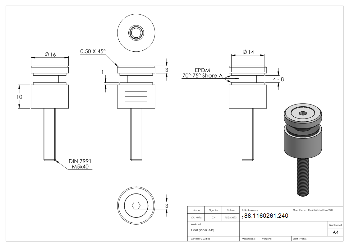 Glaspunkthalter Edelstahl V2A Ø 16 mm Klemmbereich 4-0-8-0 mm Anschluss flach geschliffen Korn 240-88-1160261.240