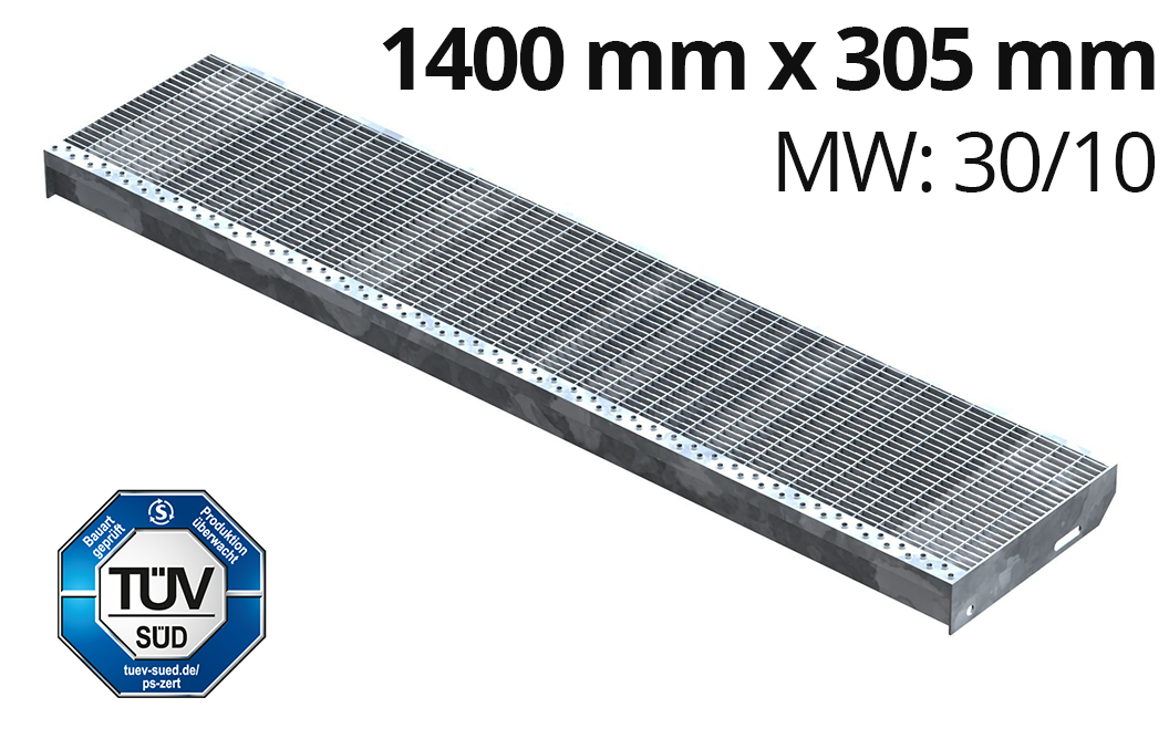 Gitterroststufe Treppenstufe Maße: 1400x305 mm 30/10 mm S235JR (St37-2), im Vollbad feuerverzinkt