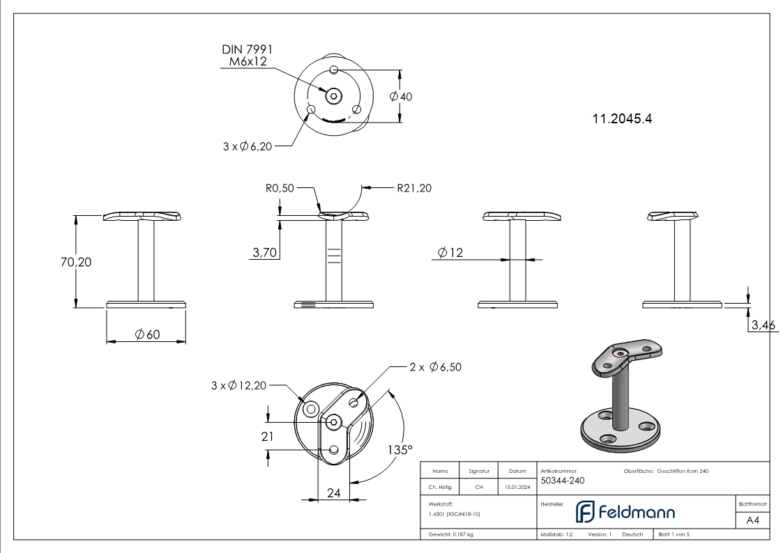 Handlaufstütze 135° für Ø 42,4 mm V2A
