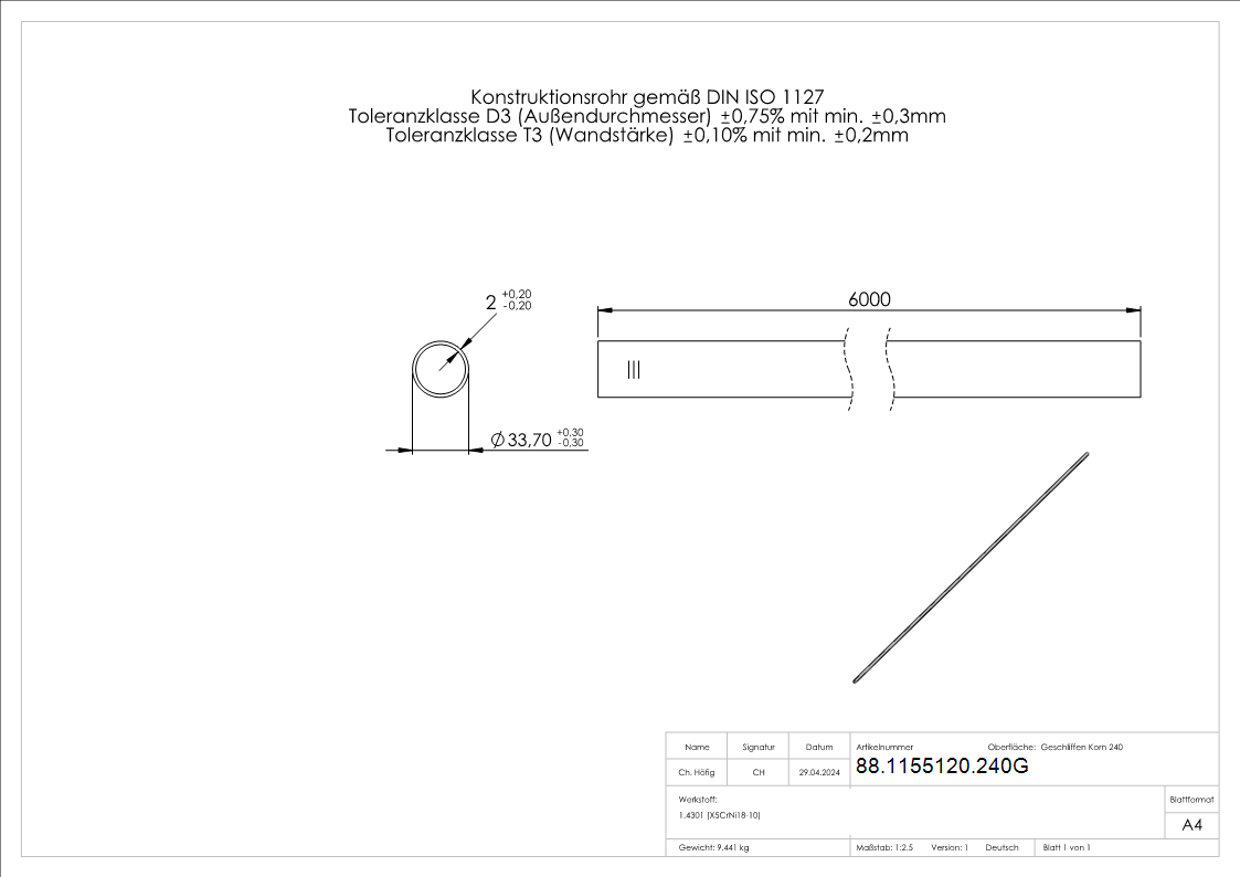 Edelstahlrohr geglüht, 33,7 x 2,0mm, Länge: 6000mm Edelstahl