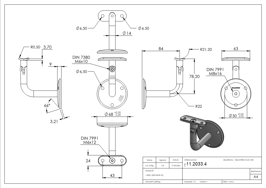 Handlaufhalter mit Gelenk und Halteplatte für Ø 42,4 mm V2A