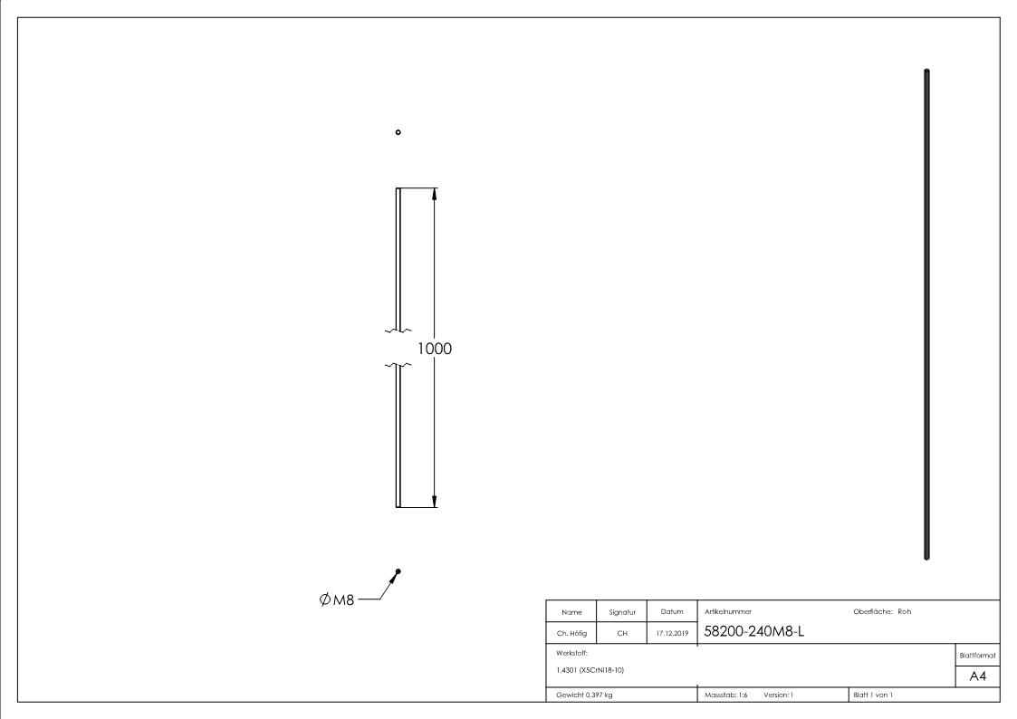 Gewindestange V2A L=1000 mm, M8 Linksgewinde