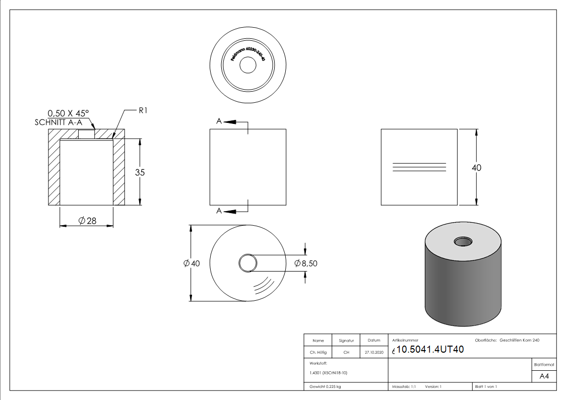 Glas-Punkthalter Unterteil Ø 40 mm + 40 mm Höhe V2A