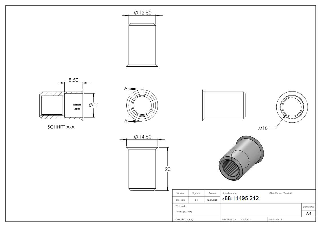 Blind-Einnietmutter, Stahl, M10/Loch 12mm