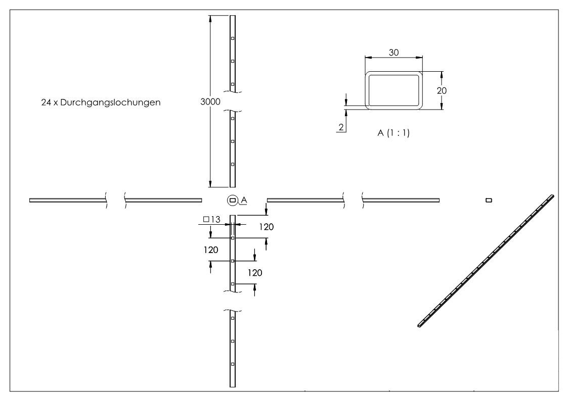 Rechteckrohr 30 x 20 x 2mm, gelocht für Vierkant 12mm mit Abstand Mitte-Mitte 120mm, Länge 3m