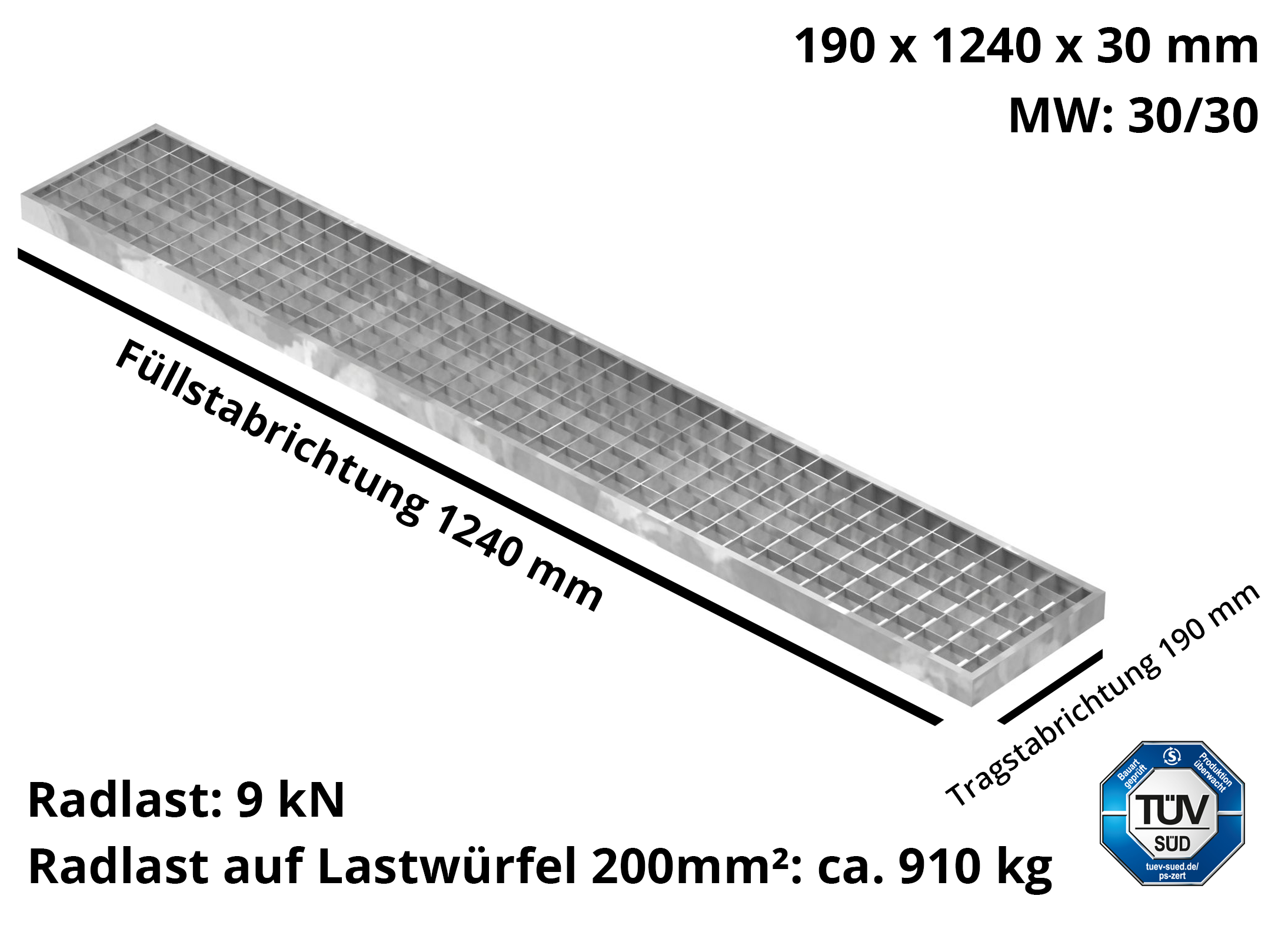 Garagen-Gitterrost | Maße:  190x1240x30 mm 30/30 mm | aus S235JR (St37-2), im Vollbad feuerverzinkt