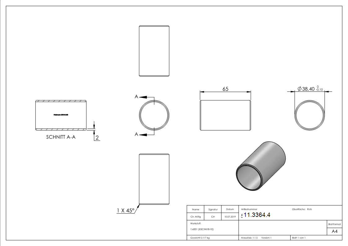 Verbindungshülse für Rundrohr Ø 42,4x2,0 mm V2A