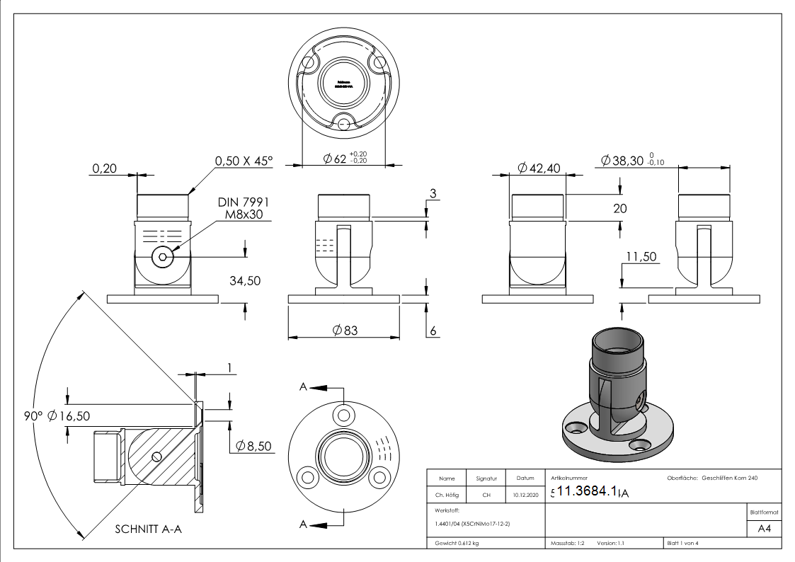 Wandhalter flexibel für Rundrohr Ø 42,4x2,0 mm | V4A
