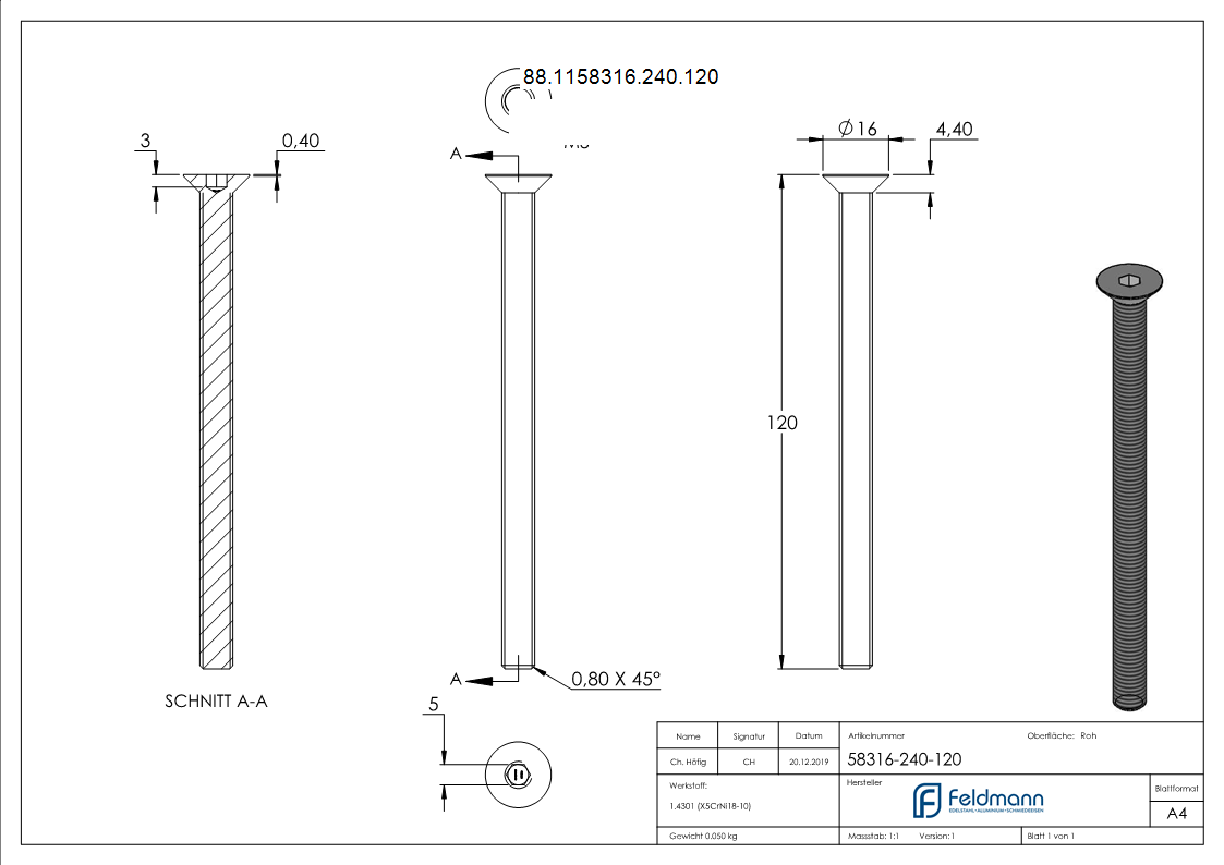Senkkopfschraube V2A M8x120 Innensechskant Vollgewinde ISO 10642-88-1158316-240.120