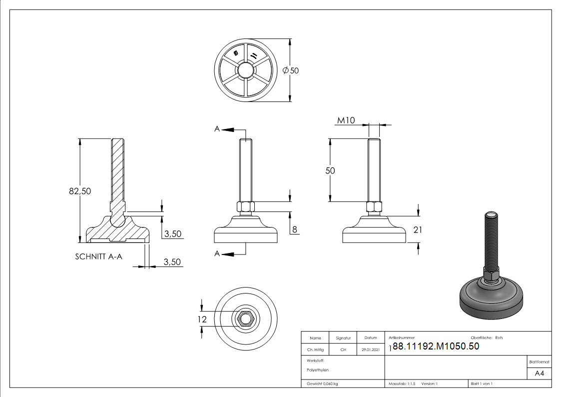 Schwerlast-Maschinenfuss M10 x 50-88-11192-M1050.50