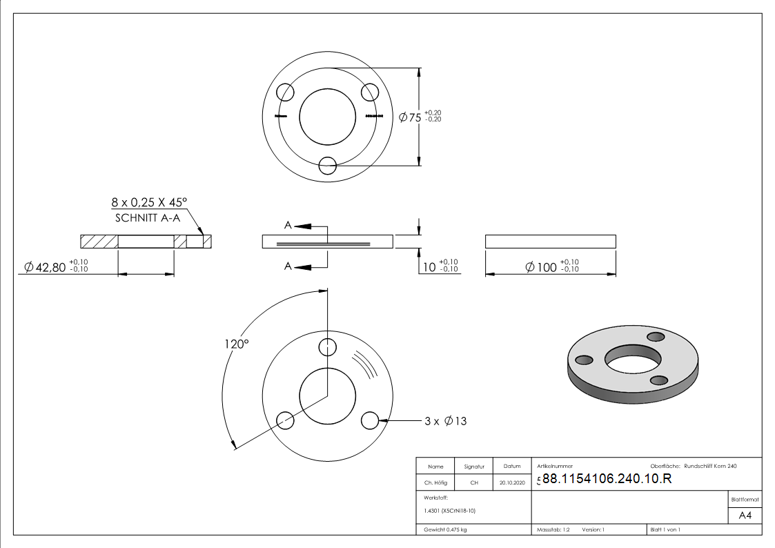 Ankerplatte Ø 100 x 10mm, mit Rundschliff, V2A