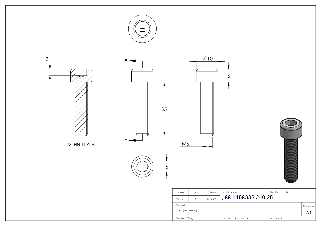 Zylinderkopfschraube M6 x 25, A2, DIN 912